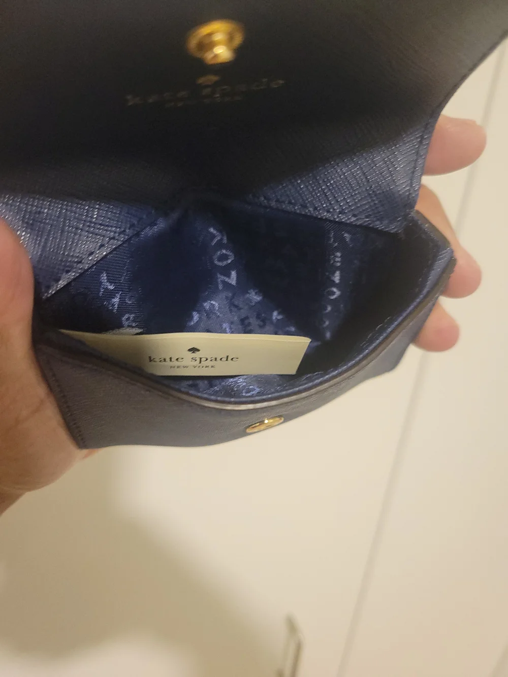 kate spade navy saffiano card wallet with gold plaque